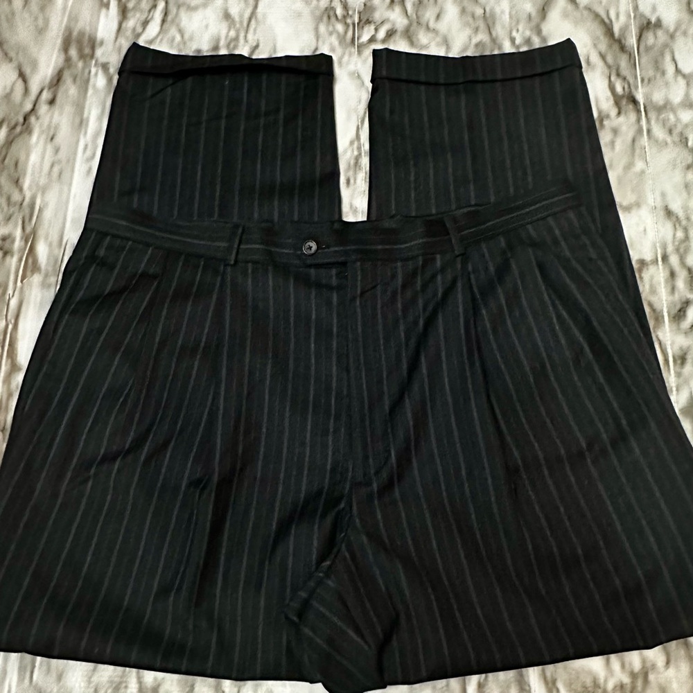 Tasso Elba Black Blue Pin Striped Wool Dress Pants Elegant Design Pleated Cuffed